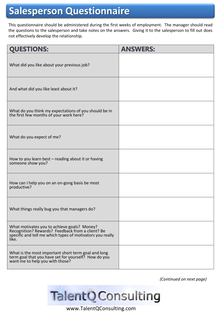 Salesperson Questionnaire page 1